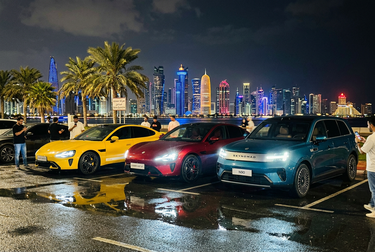 Xiaomi SU7 Ultra, YU7 GT and Xiaomi SUV at an owners meetup in Doha, Qatar